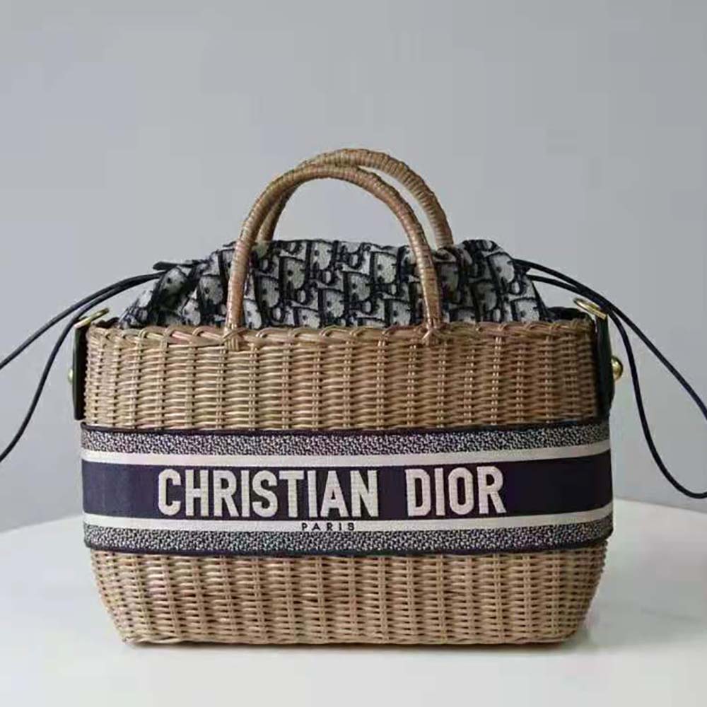 TÚI Dior Women Dior Wicker Basket Bag Blue Dior Oblique Jacquard and Natural Wicker