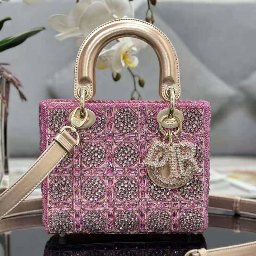 TÚI Dior Women Small Lady Dior Bag Metallic Calfskin and Satin with Rose Des Vents Resin Pearl Embroidery