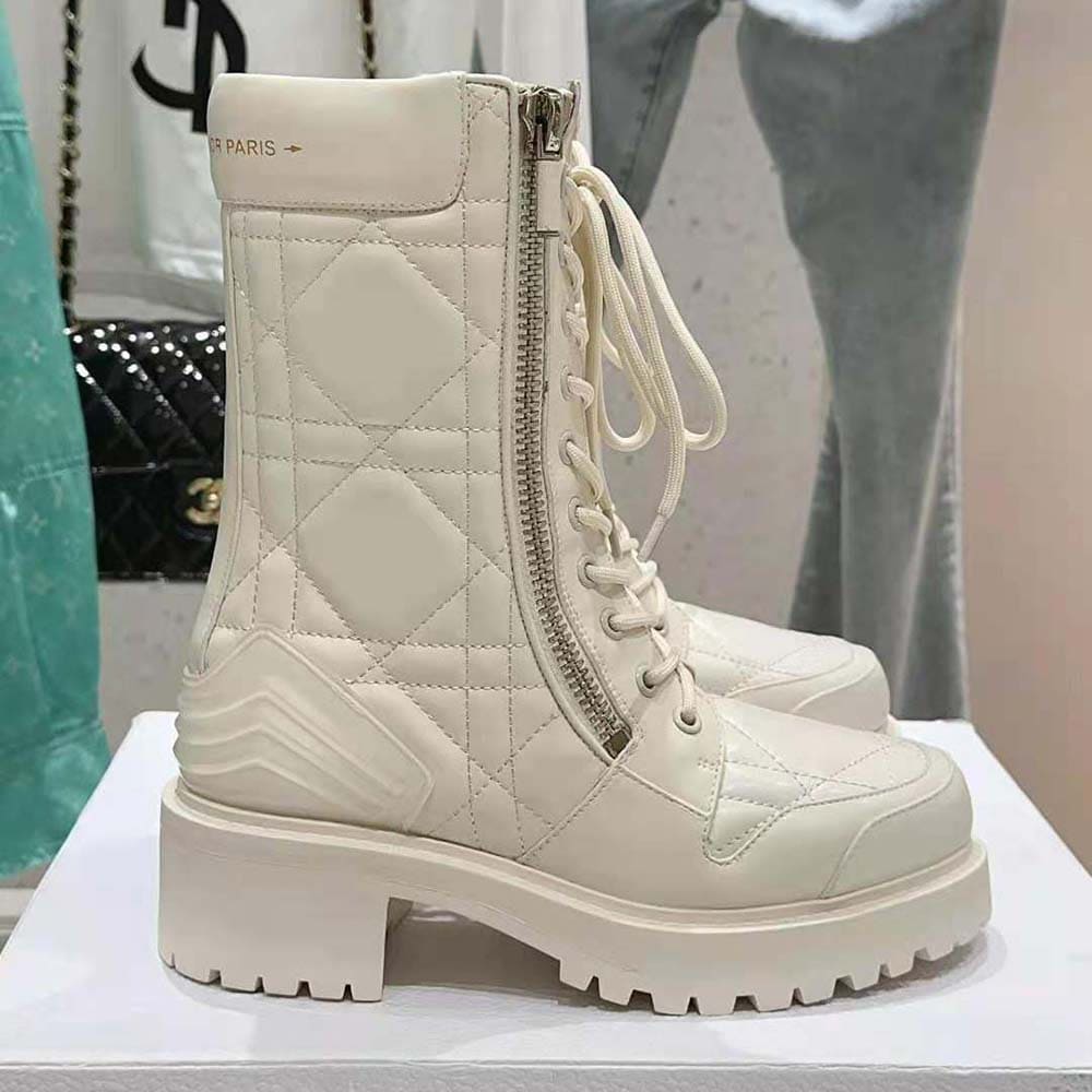 GIÀY Dior Women D-Leader Ankle Boot White Quilted Cannage Calfskin