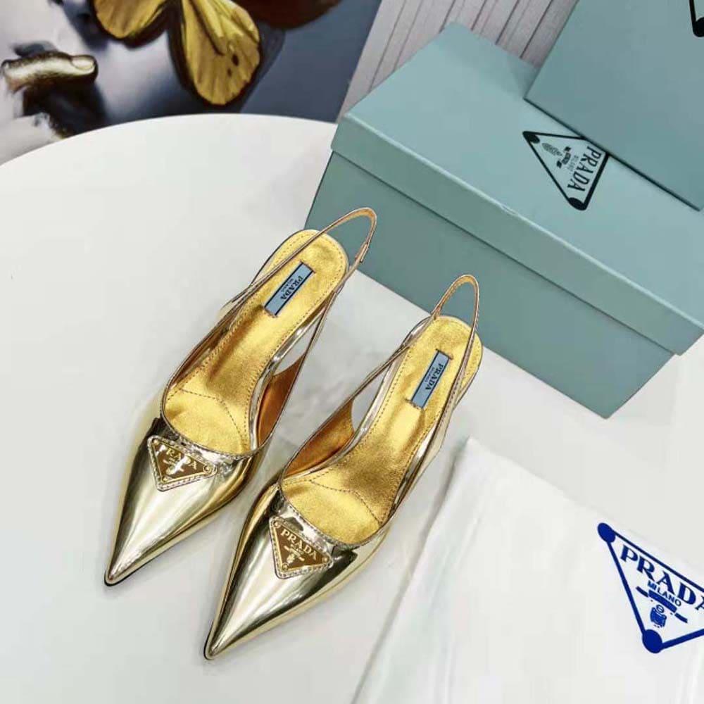 GIÀY Prada Women Metallic Leather Slingback Pumps-Gold