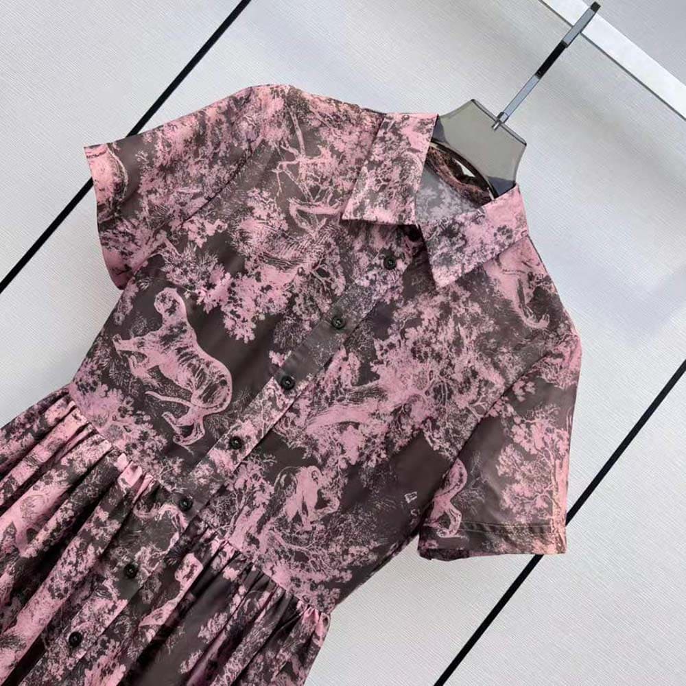 VÁY Dior Women Dioriviera Mid-length Shirt Dress Gray and Pink Cotton Muslin