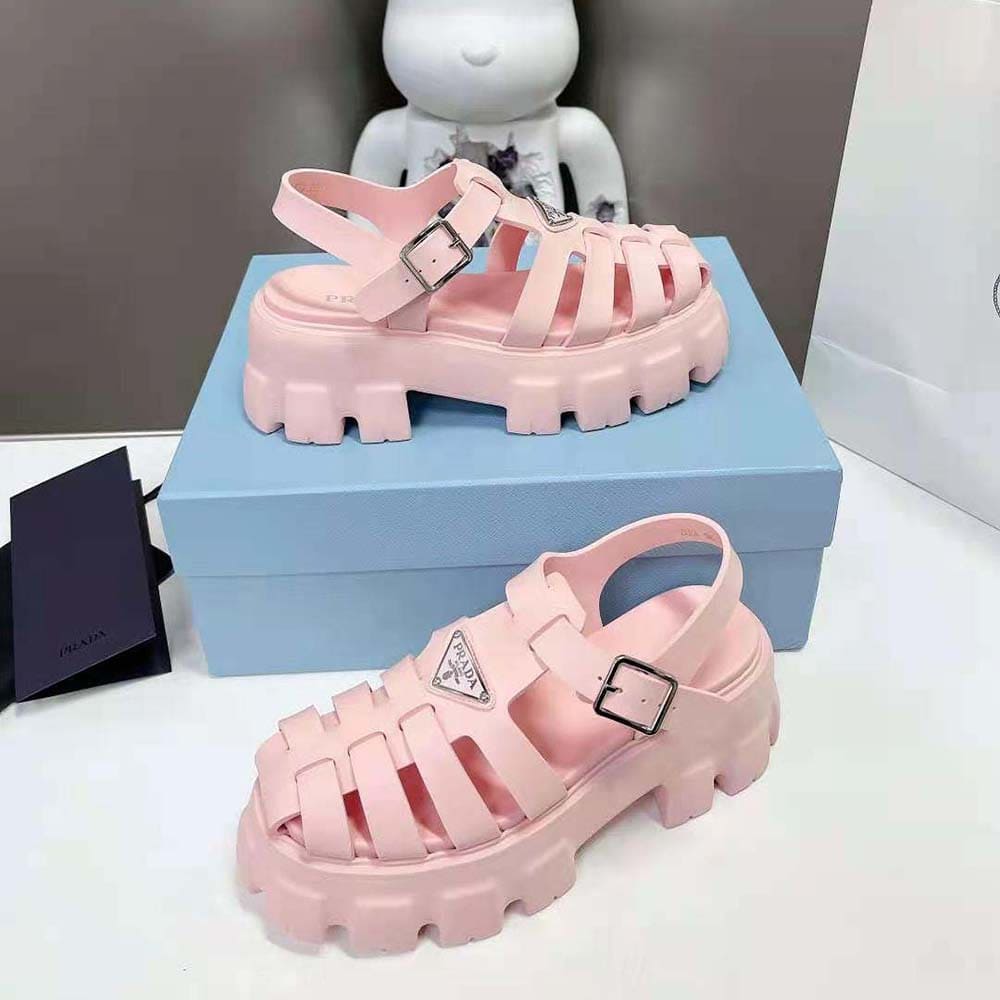 DÉP SANDALS Prada Women Foam Rubber Sandals with Enameled Metal Triangle Logo-Pink