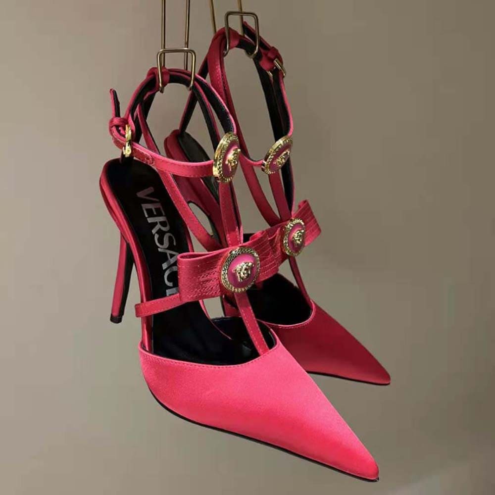 GIÀY Versace Women Gianni Ribbon Cage Satin Pumps-Rose
