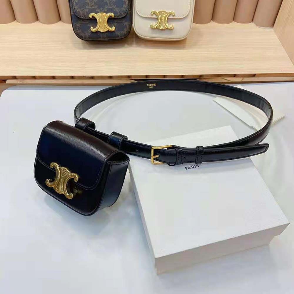 TÚI Celine Women Belt Bag Triomphe Belt in Shiny Calfskin-Black