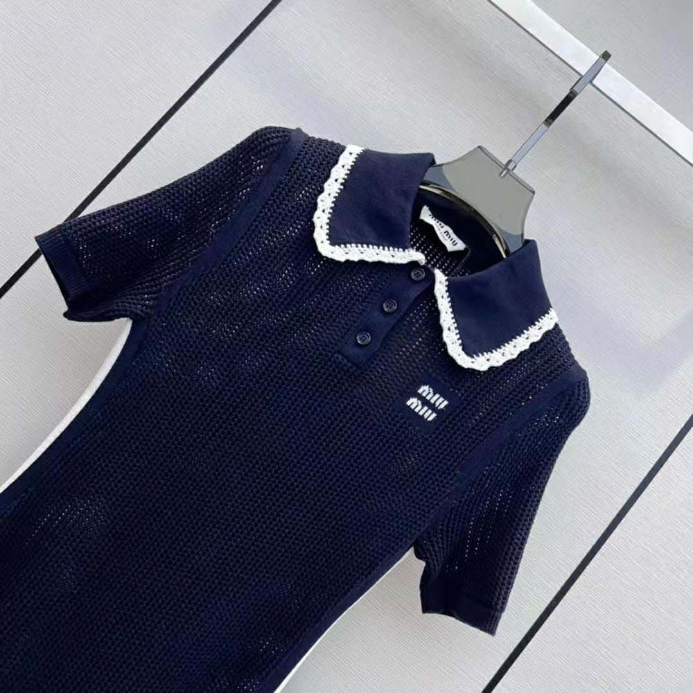 VÁY Miu Miu Women Cotton Knit Dress with Intarsia Logo
