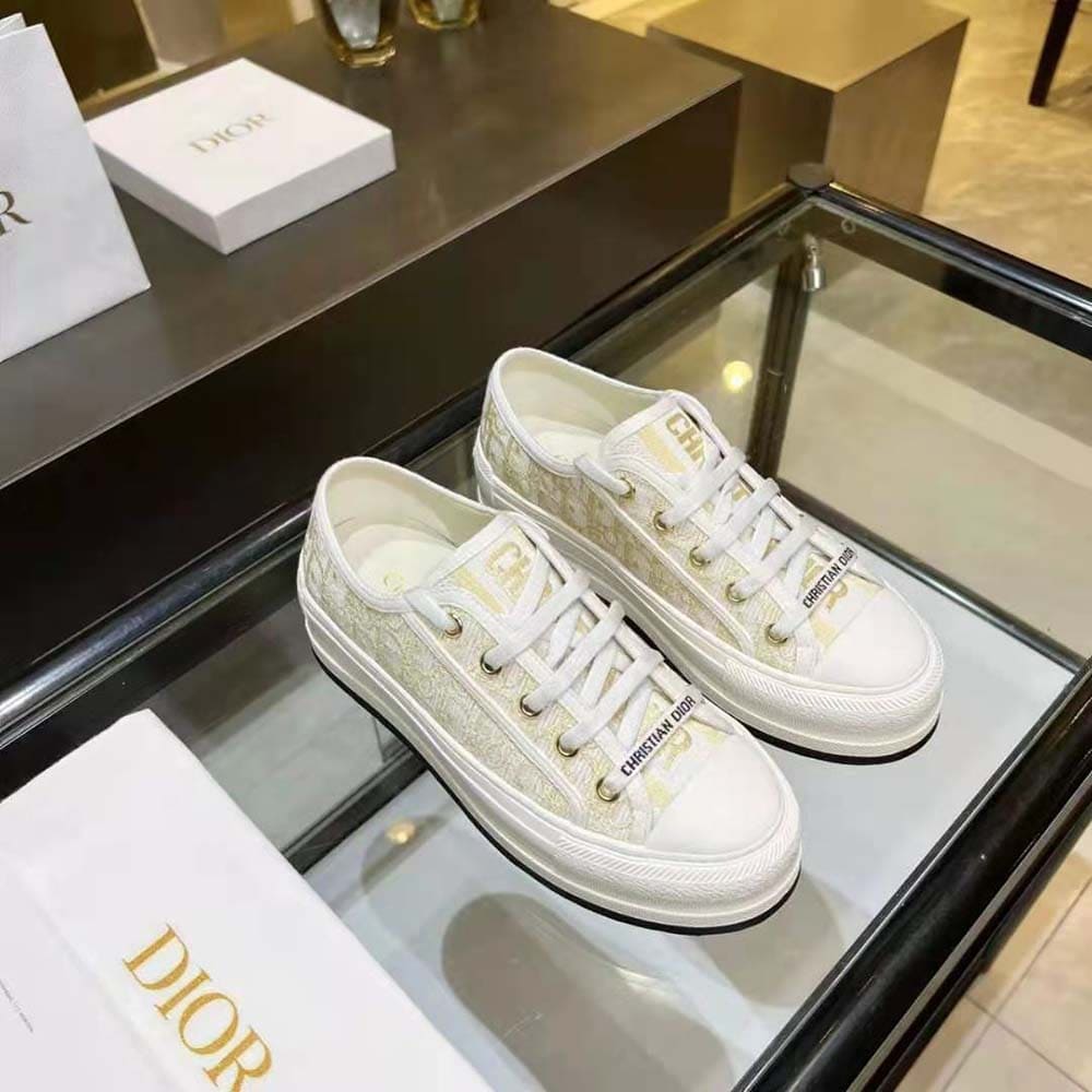 GIÀY Dior Women Walk’N’Dior Platform Sneaker White and Black Cotton Embroidered with Plan De Paris Motif
