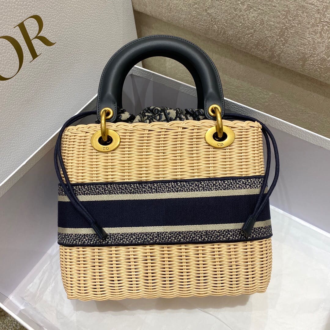 TÚI Dior Women Medium Lady Dior Bag Natural Wicker and Black Dior Oblique Jacquard