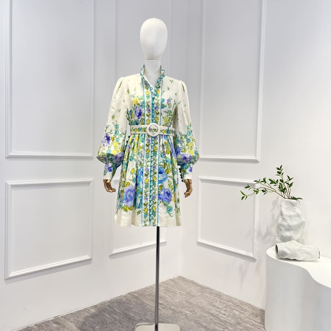 VÁY ZIMMERMANN Floral Printing Spring Summer Mandarin Collar Mini Dresses with Belt High Classy