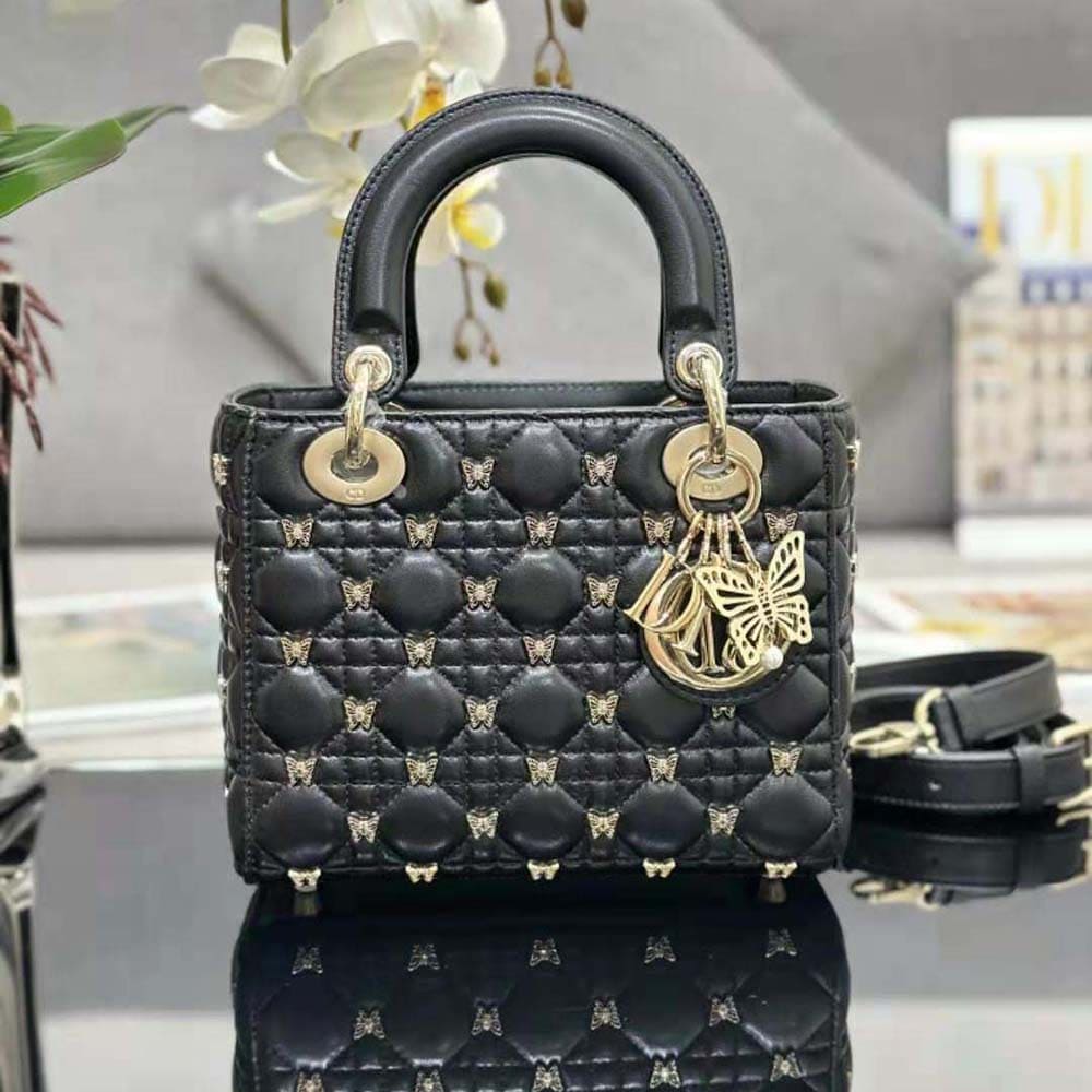 TÚI Dior Women Small Lady Dior Bag Black Cannage Lambskin with Gold-Finish Butterfly Studs