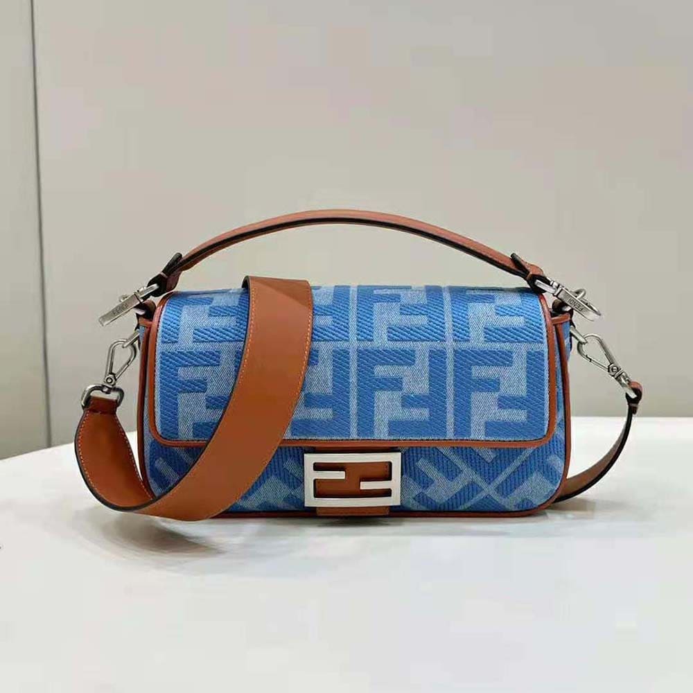 TÚI FENDI Women Baguette Light Blue Denim Bag with FF Embroidery