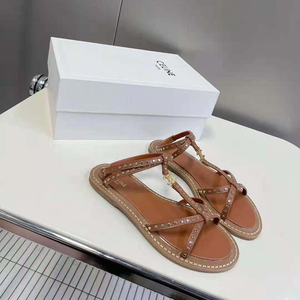 DÉP SANDALS Celine Women Taillat Flat Sandal with Studs in Calfskin – Vegetal Tanning & Studs-Brown