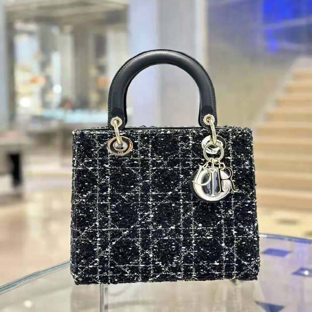Túi xách nữ Dior Medium Lady D-lite màu đen Cannage Tweed