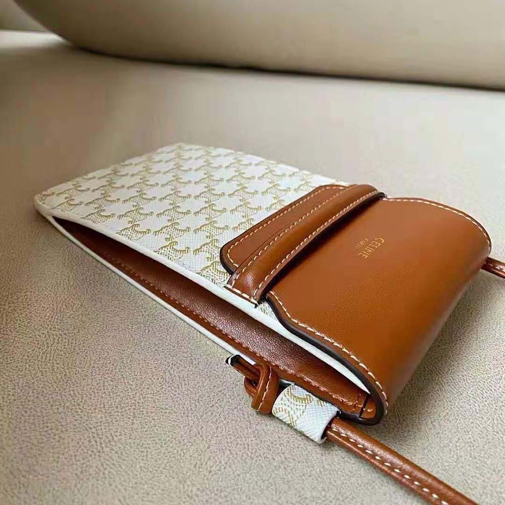 TÚI Celine Women Phone Pouch with Flap in Triomphe Canvas and Lambskin-Beige
