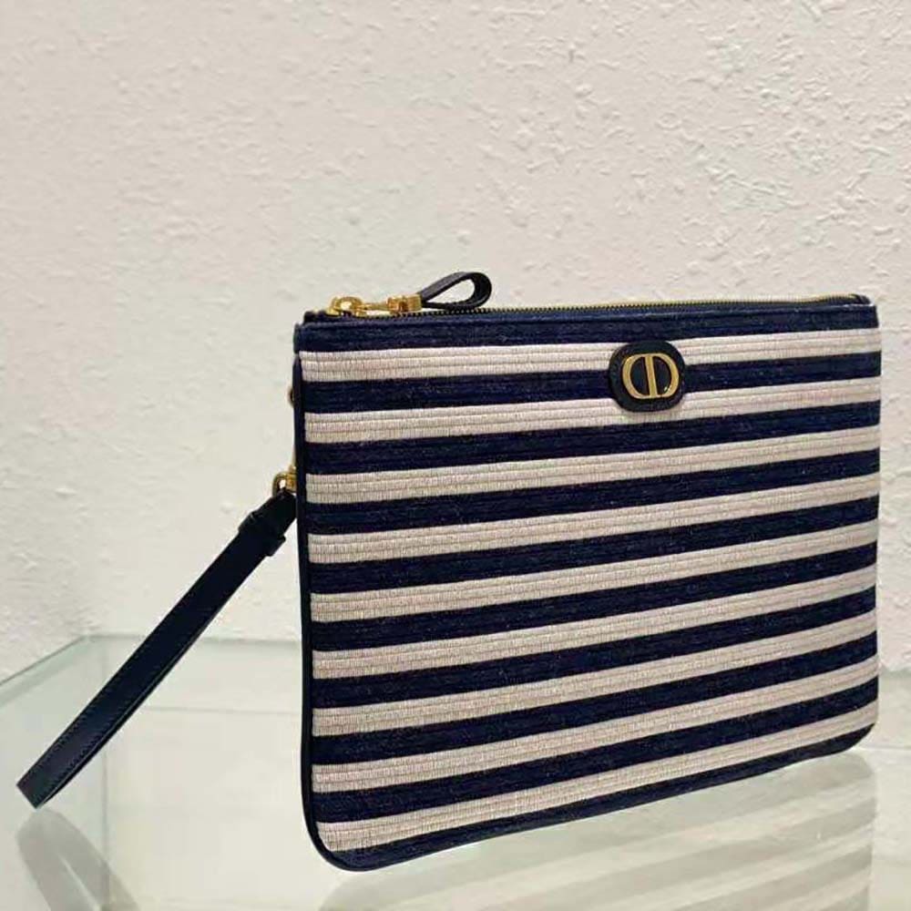TÚI Dior Women Large Dior Caro Ddaily Pouch Natural and Denim Blue Marinière Raffia