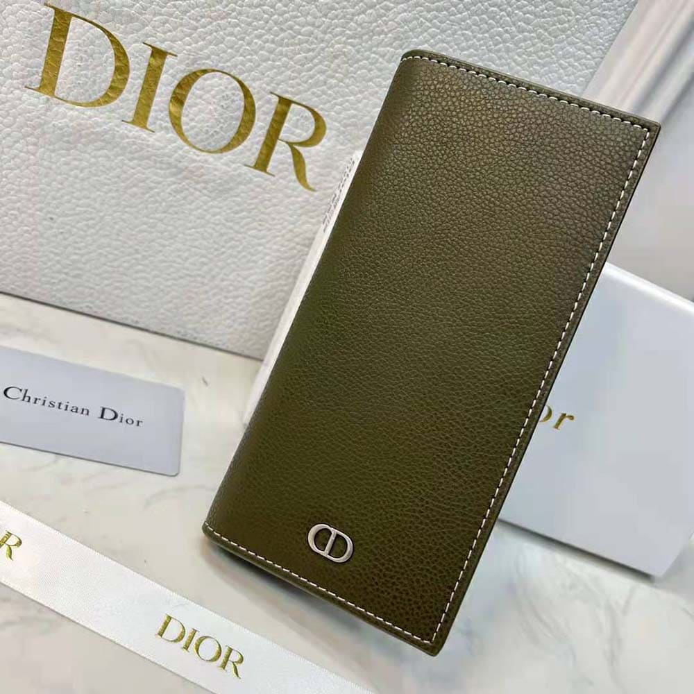 Dior Vi Color Ví Dior Vertical Long Wallet Olive Grained Calfskin with CD Icon Signature