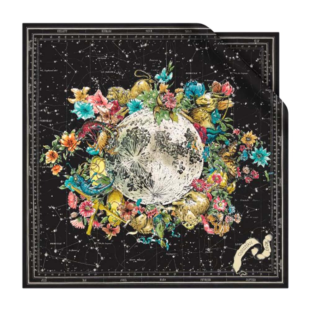KHĂN Dior Women Zodiac Square Scarf Navy Black Silk Twill