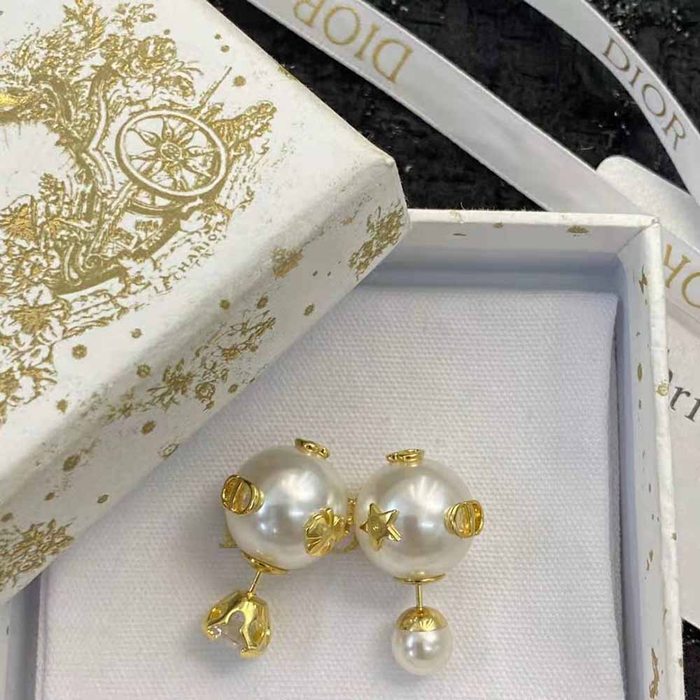 Bông tai Dior Dior Women Dior Tribales Earrings Gold-Finish Metal with White Resin Pearls and a Silver-Tone Crystal