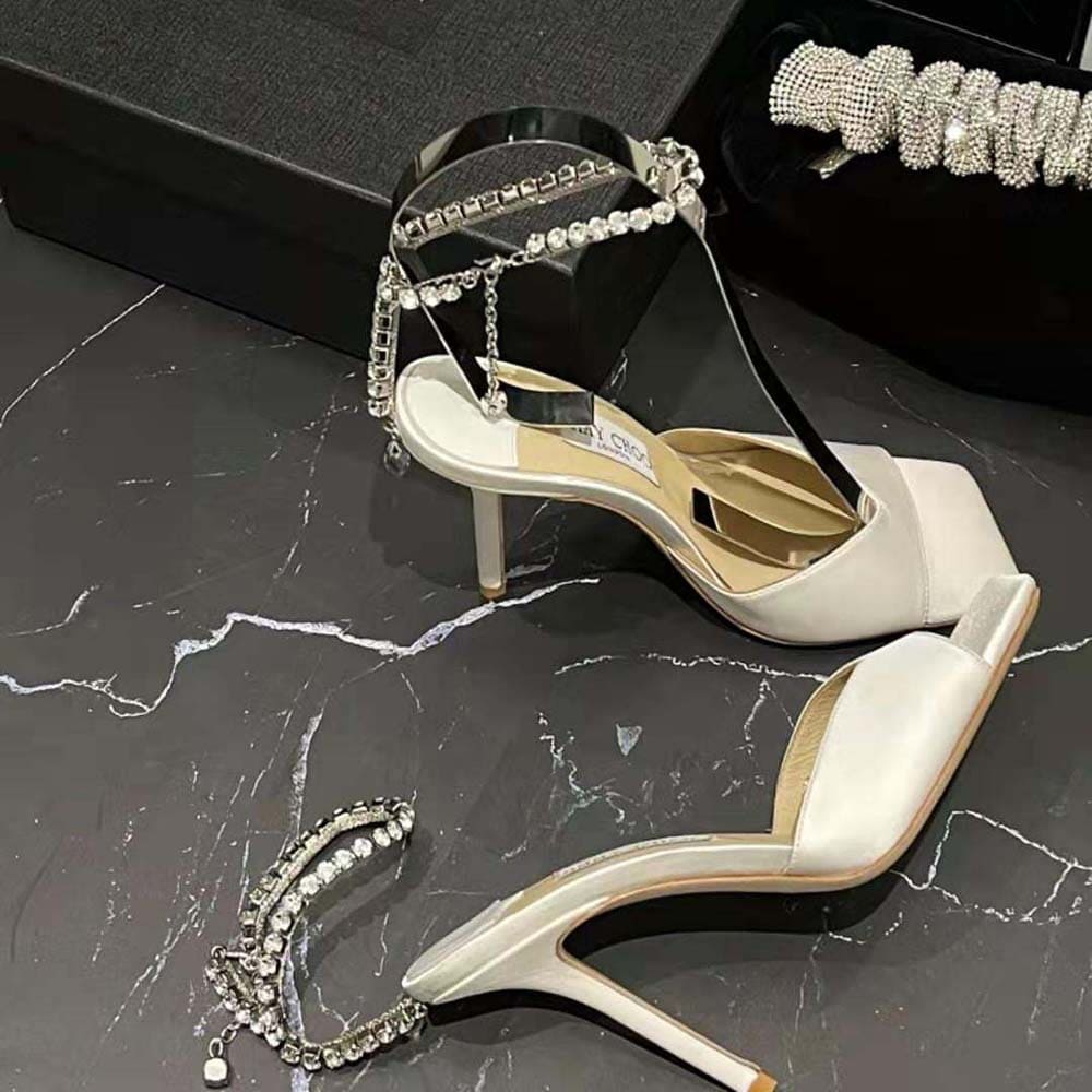 GIÀY Jimmy Choo Women Saeda Sandal 100 Ivory Satin Sandals with Crystal Embellishment
