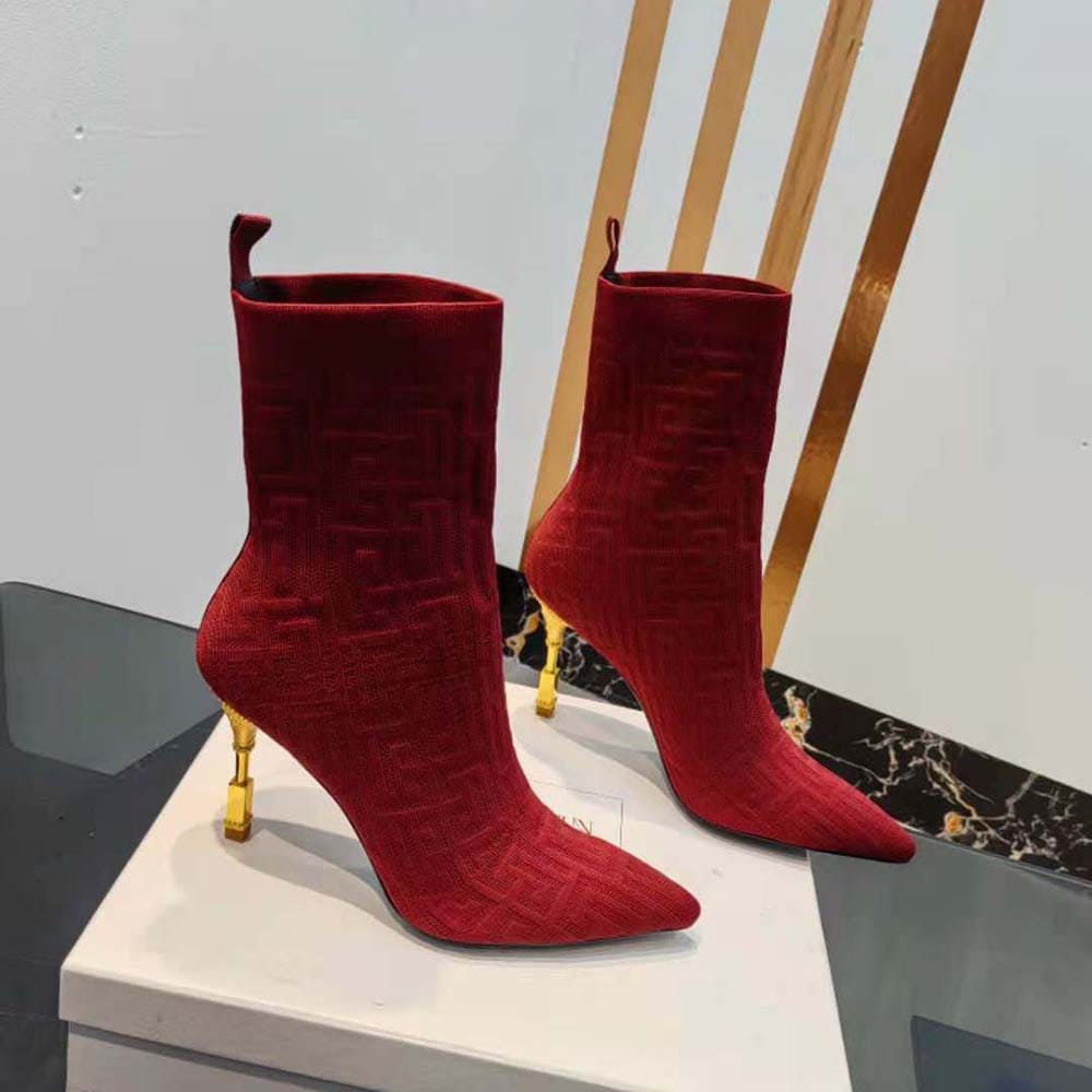 GIÀY Balmain Women Moneta Monogrammed Knit Ankle Boots with Engraved Heel-Red