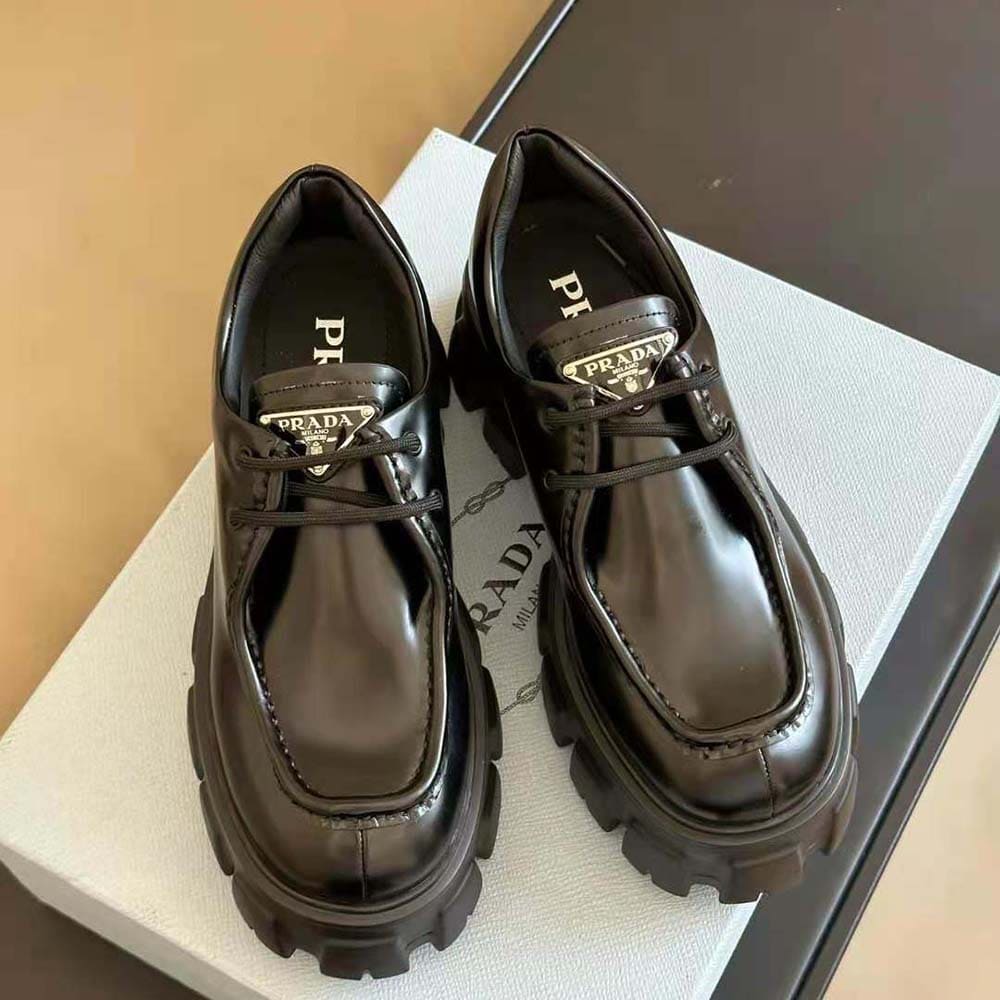 GIÀY Prada Women Monolith Brushed Leather Lace-up Shoes-Black