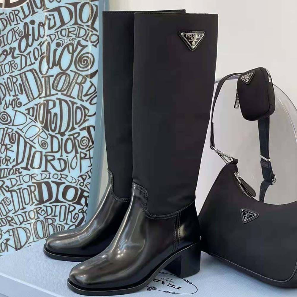 GIÀY Prada Women Brushed Leather and Nylon Boots-Black