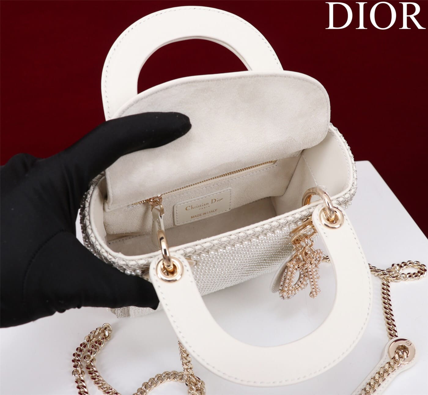 TÚI CHRISTIAN DIOR LADY DIOR Cannage Calfskin with Platinum Beaded Pearl Embroidery White
