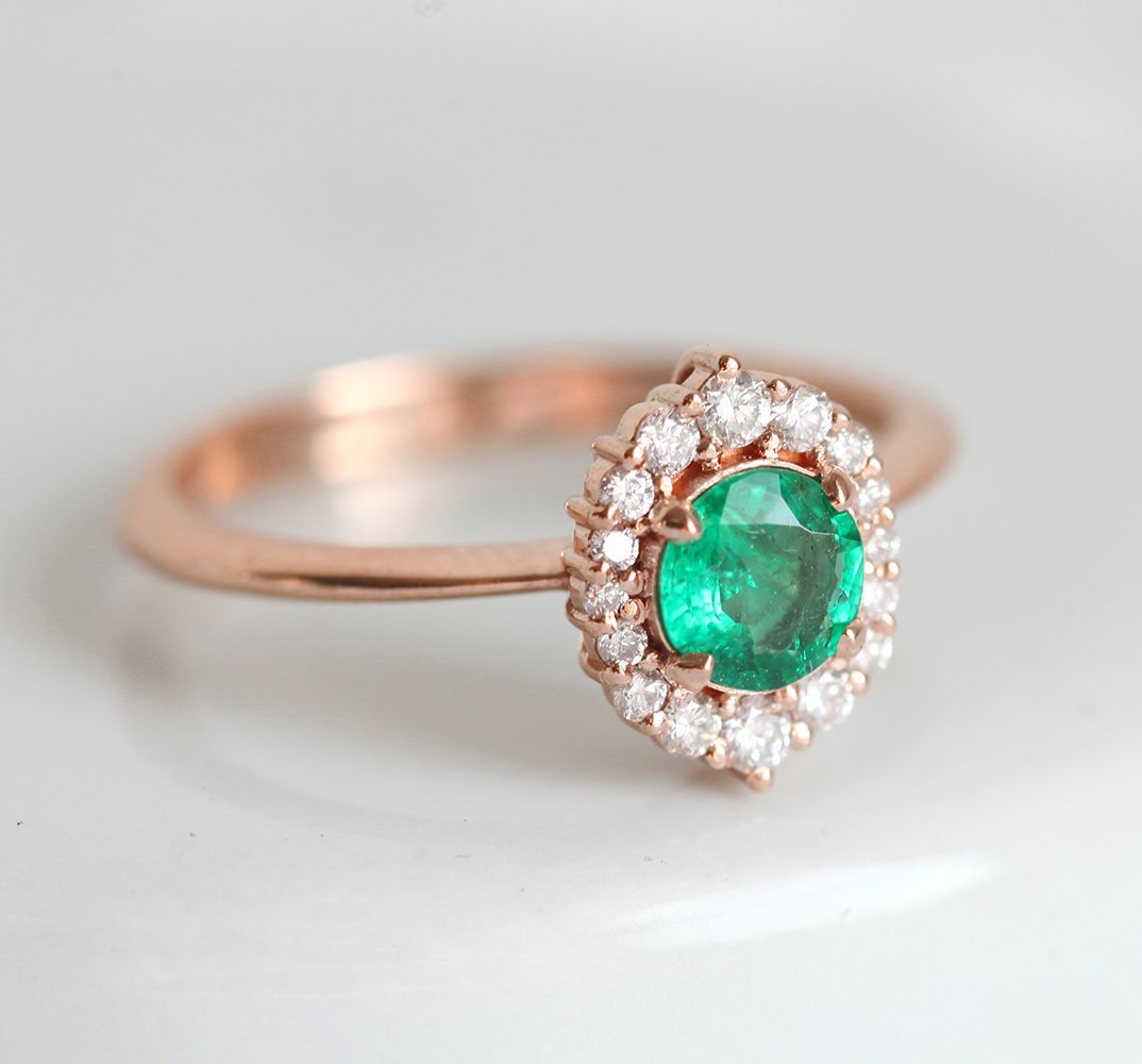 ROSE GOLD EMERALD RING DIAMOND HALO EMERALD ENGAGEMENT RING