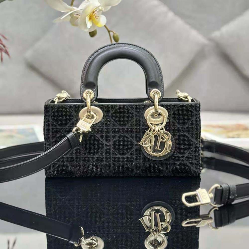 TÚI Dior Women Small Lady D-joy Bag Black Cannage Cotton with Micropearl Embroidery