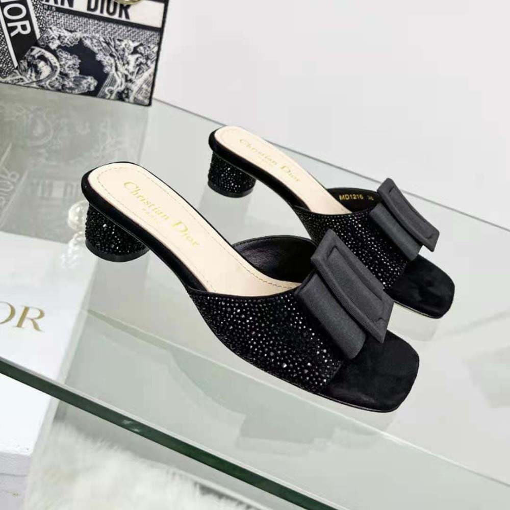 GUỐC Dior Women Idylle Heeled Slide Black Suede Covered with Strass and Grosgrain