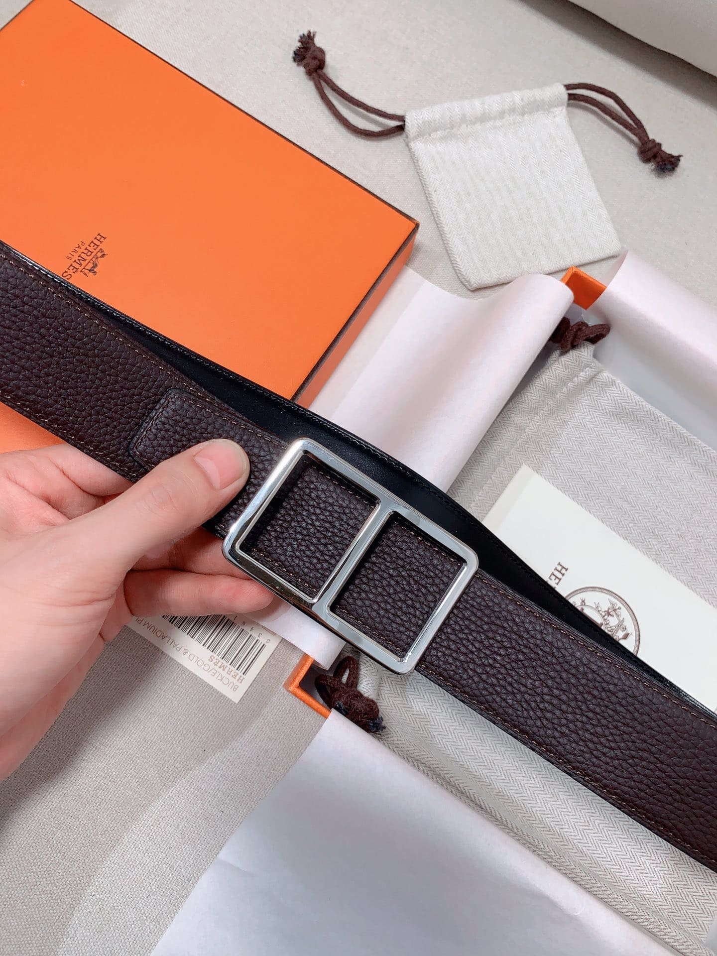 DÂY LƯNG HERMES H Togo leather hai mặt khóa bạc