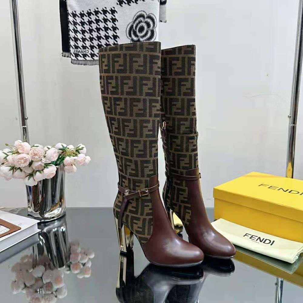 GIÀY Fendi Women Delfina Brown Leather High-heeled Boots