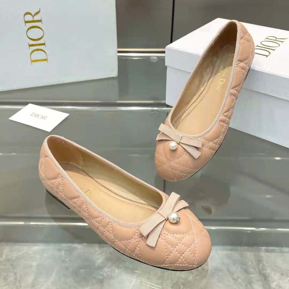 GIÀY Dior Women Ballet Flat Nude Quilted Cannage Calfskin