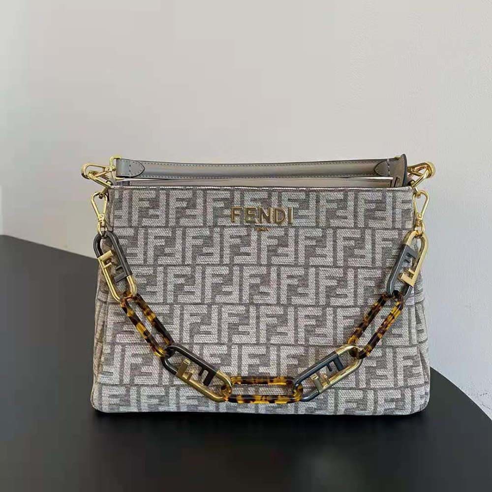 TÚI FENDI Women O’Lock Zipper Dove Gray Tapestry Fabric Bag