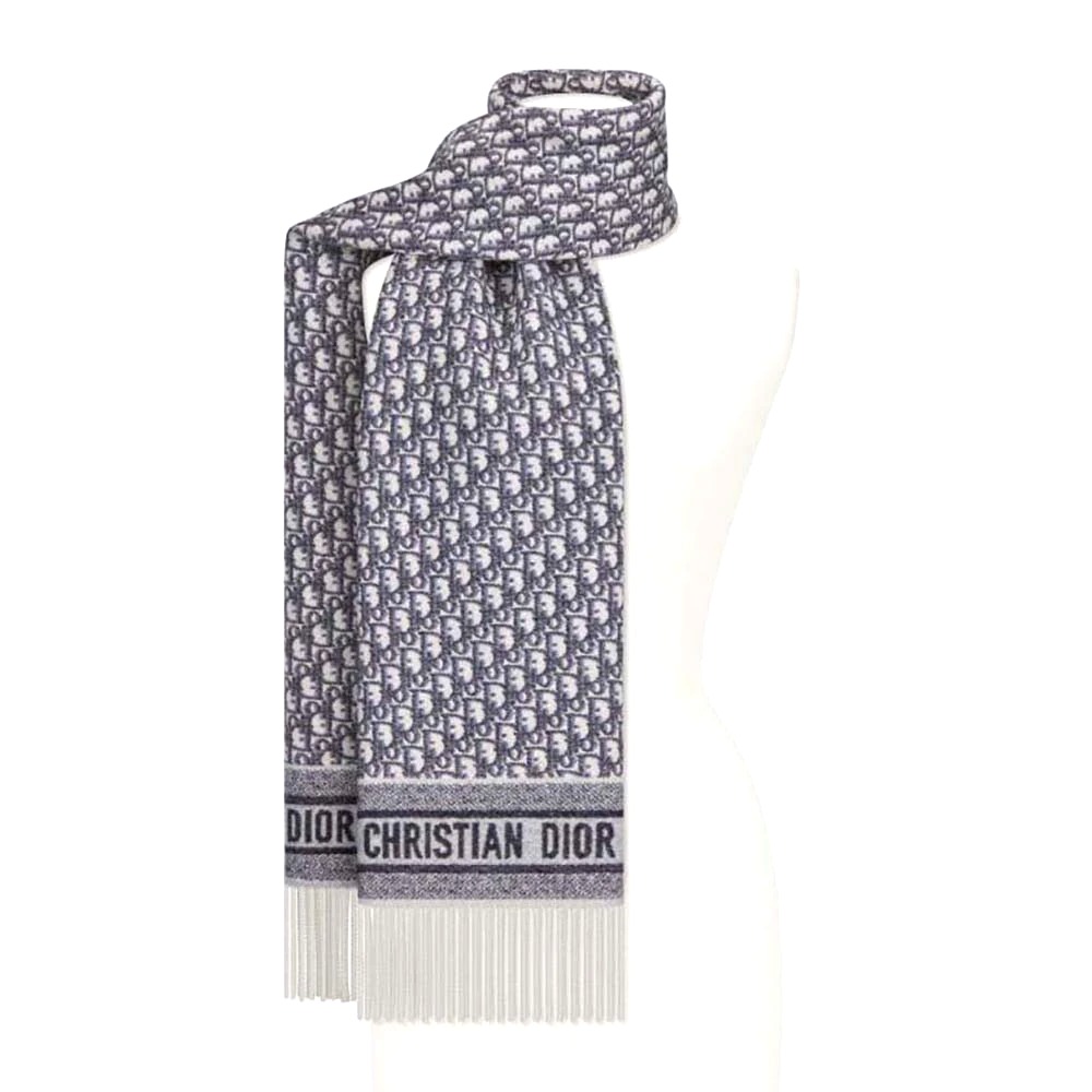 KHĂN Dior Women Oblique Scarf Navy Blue Cashmere