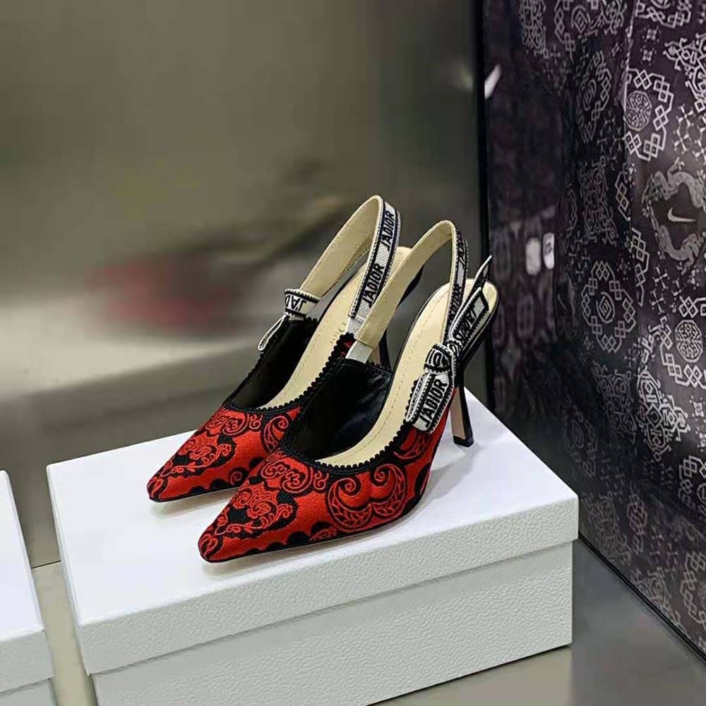 GIÀY Dior Women J’Adior Slingback Pump Black and Red Cotton with Dior Bandana Embroidery