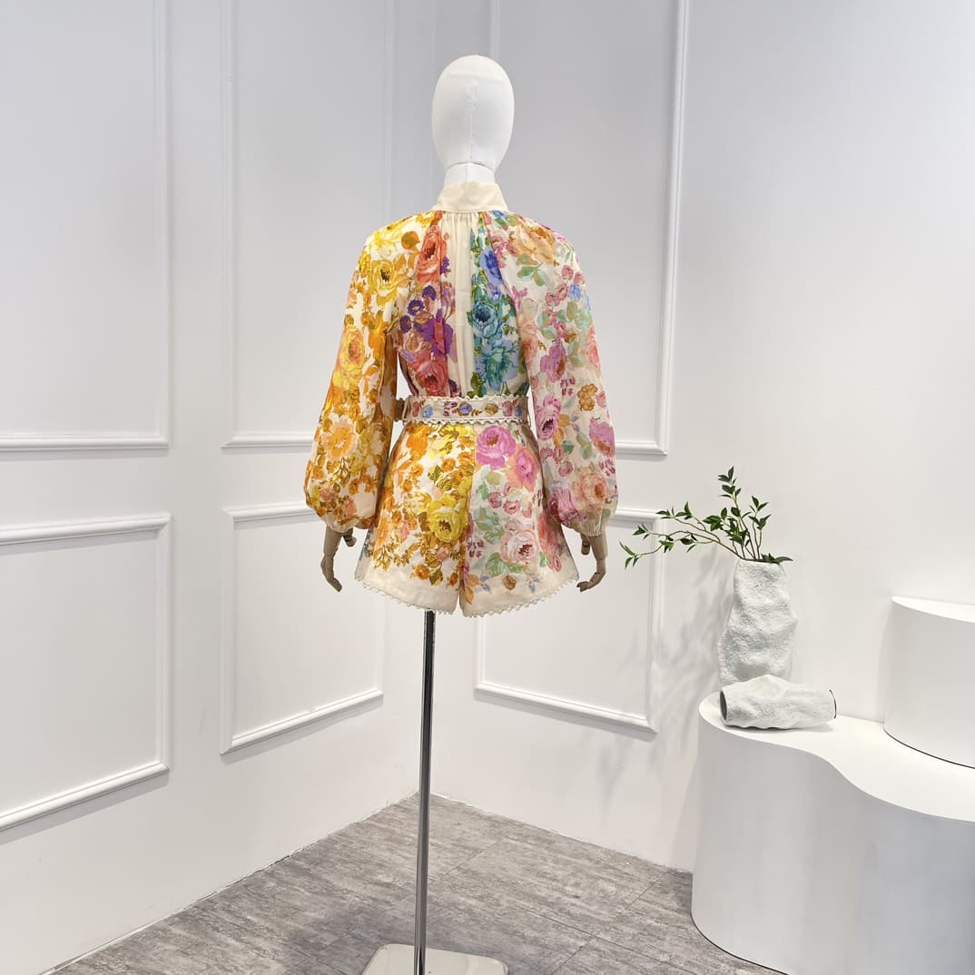 VÁY ZIMMERMANN Floral Printing Stand Collar Button Long Sleeve Blouse and Belt Shorts Woman Set High Classy