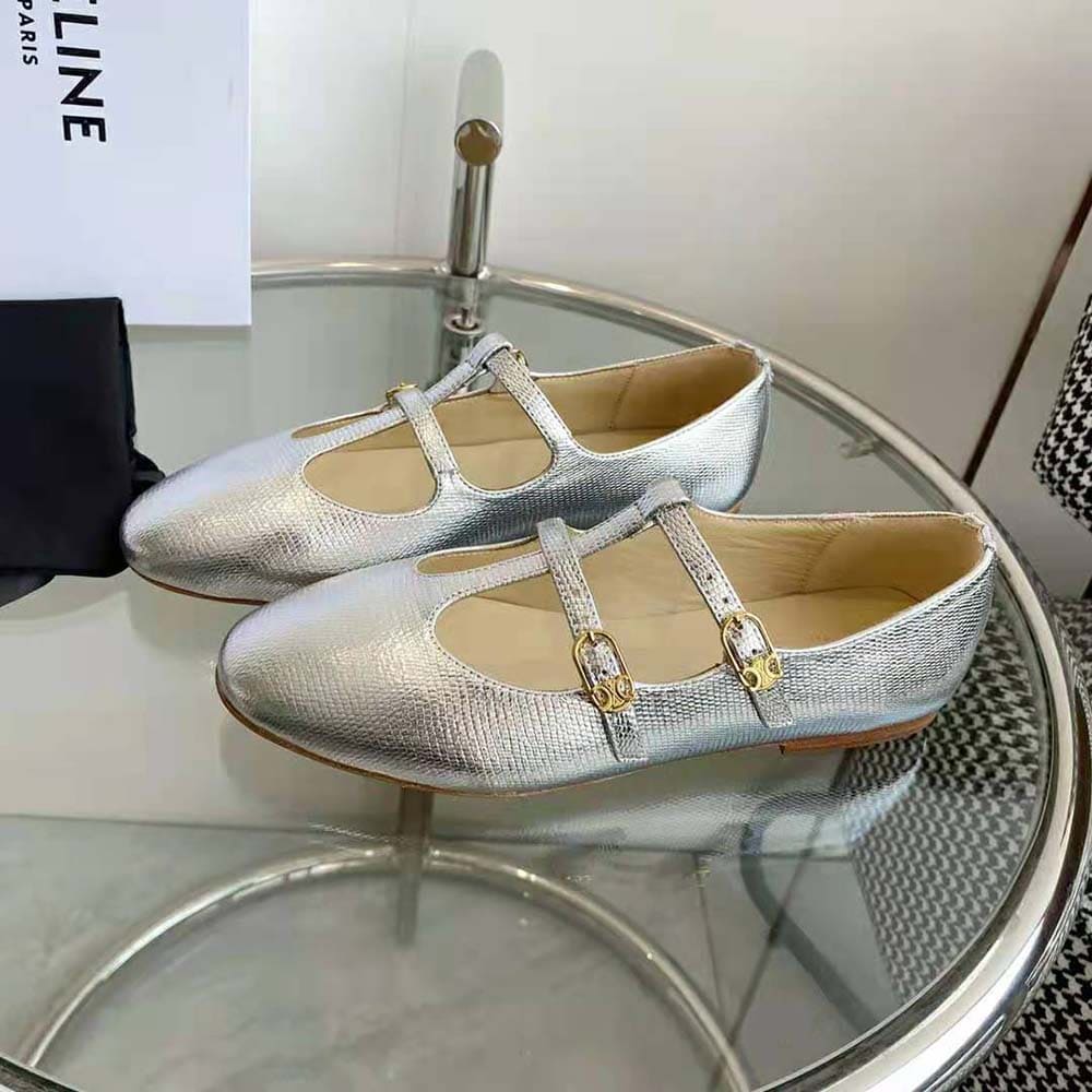 GIÀY Celine Double Strap Mary Jane in Lizard Stamped Metalized Calfskin