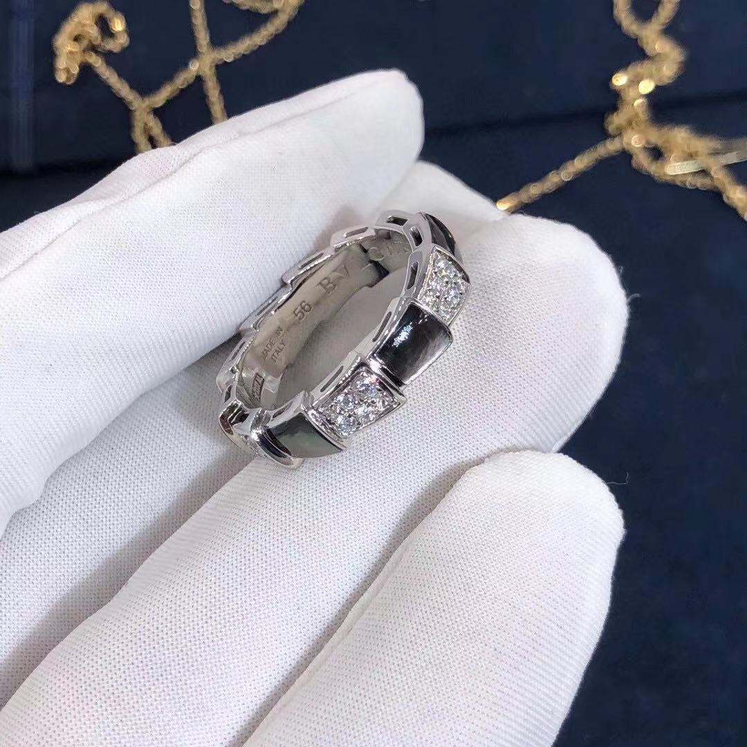 NHẪN BVLGARI Serpenti 18K White Gold Gray Mother-of-pearl and Pavé Diamonds