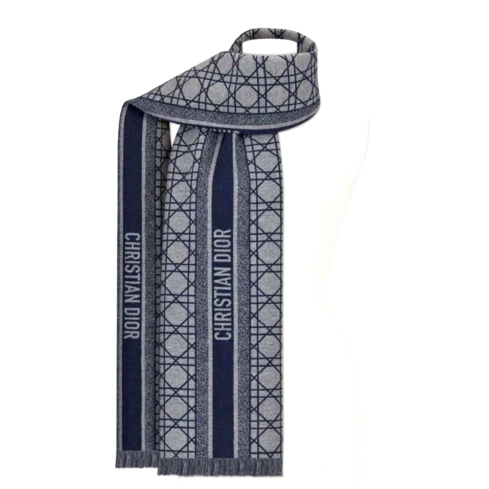 KHĂN Dior Women Cannage Scarf Navy Blue and Gray Cashmere and Virgin Wool