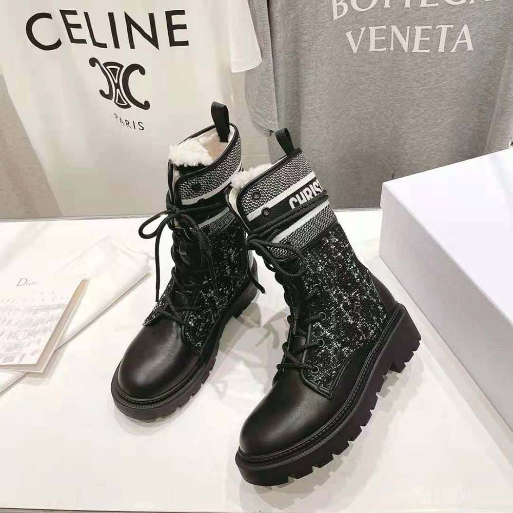GIÀY Dior Women D-Major Ankle Boot Black Calfskin with Black and White Cannage Tweed