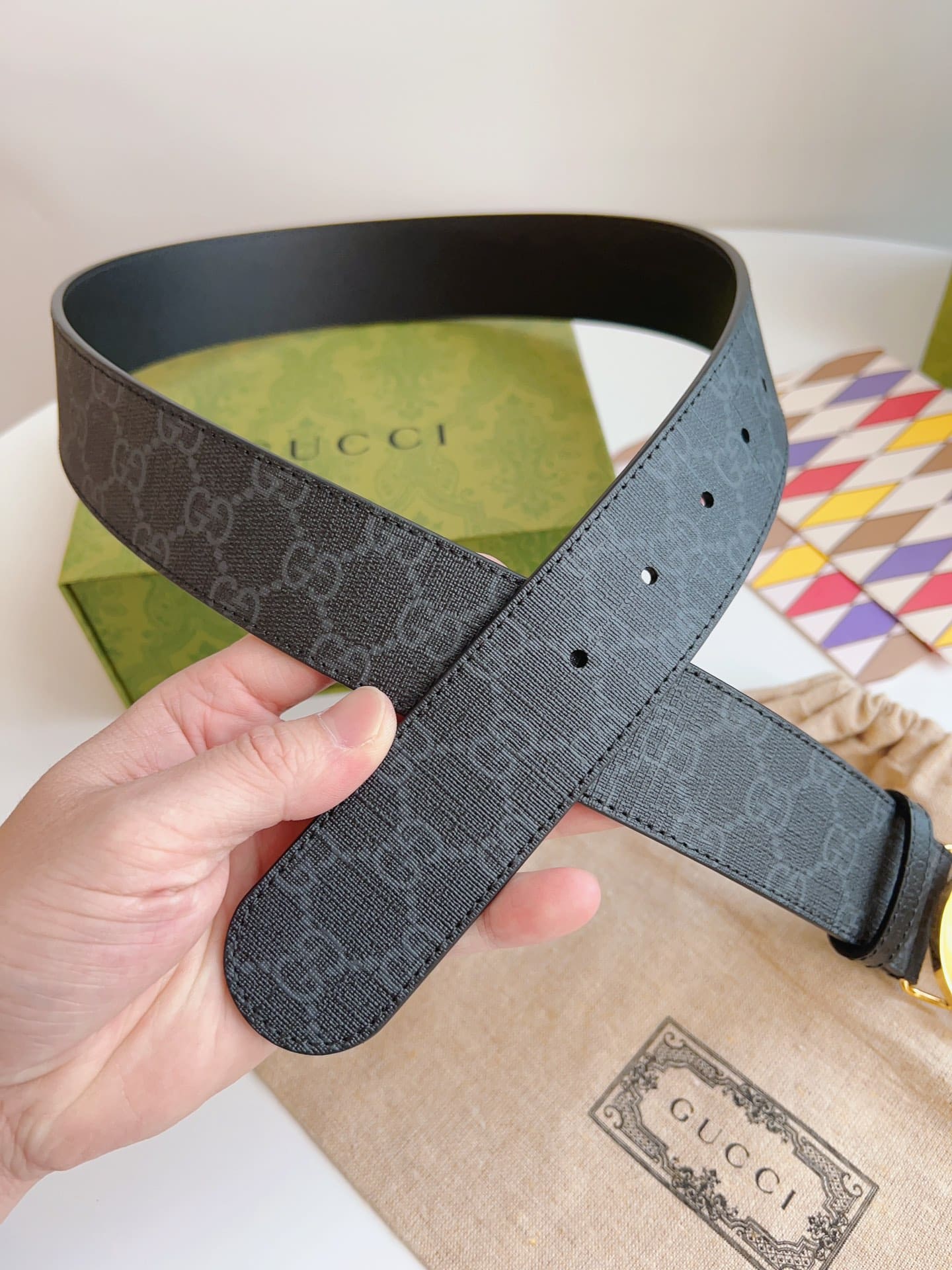 DÂY LƯNG GUCCI GG BLACK CANVAS LEATHER Khóa vàng