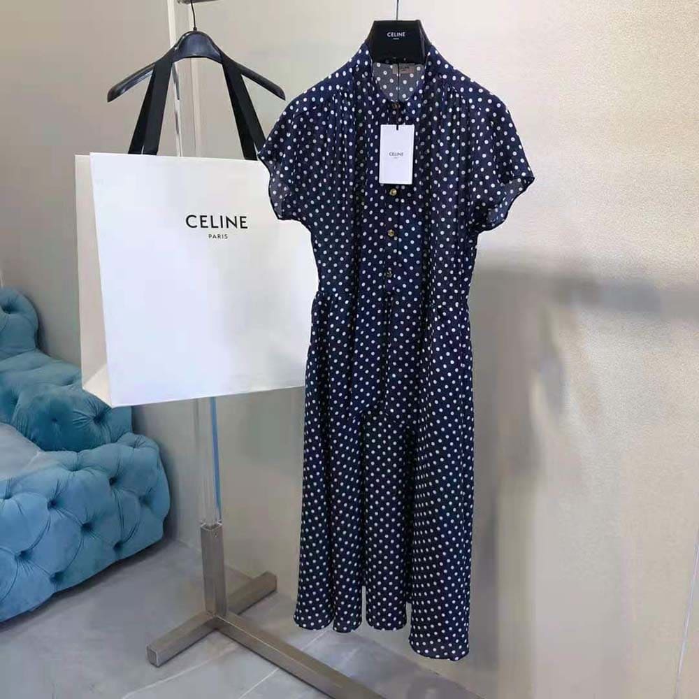 Váy Celine Women Lavalliere Dress in Crepe DE Chine-Navy