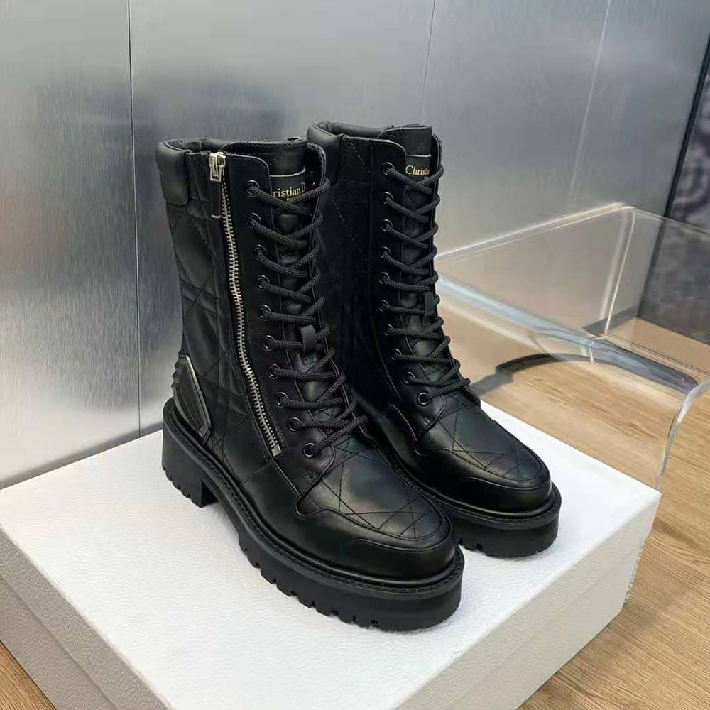 GIÀY Dior Women D-Leader Ankle Boot Black Quilted Cannage Calfskin