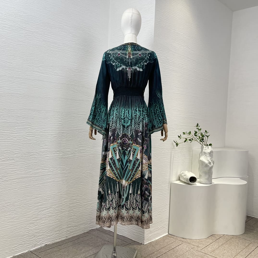 VÁY CAMILLA WorldCloset Peacock Blue Exotic Style Vintage Midi Dress High Classy