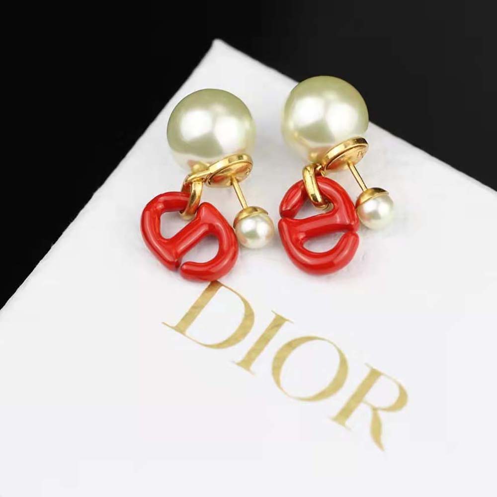 Bông tai Dior Women Tribales Earrings Gold-Finish Metal and White Resin Pearls with Raspberry Lacquer