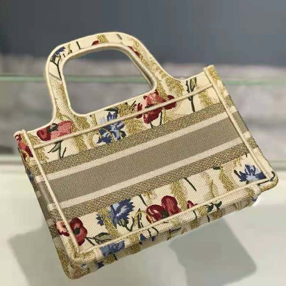 TÚI Dior Women Mini Dior Book Tote Multicolor Mille Fleurs Embroidery