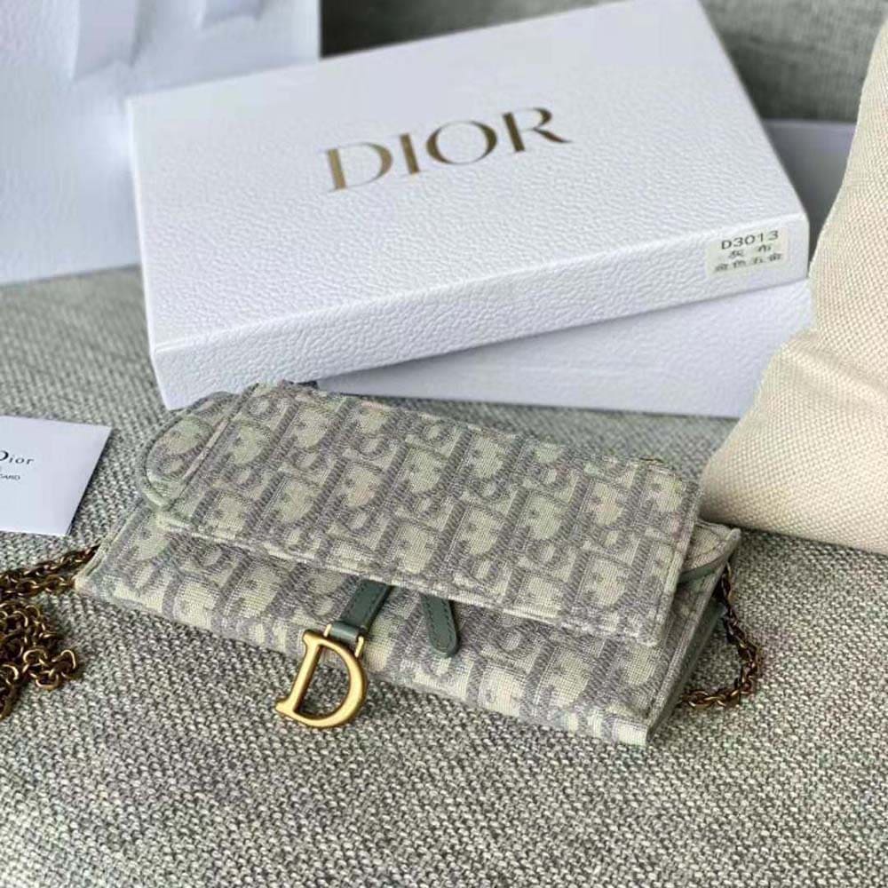 TÚI Dior Women Long Saddle Wallet with Chain Gray Dior Oblique Jacquard