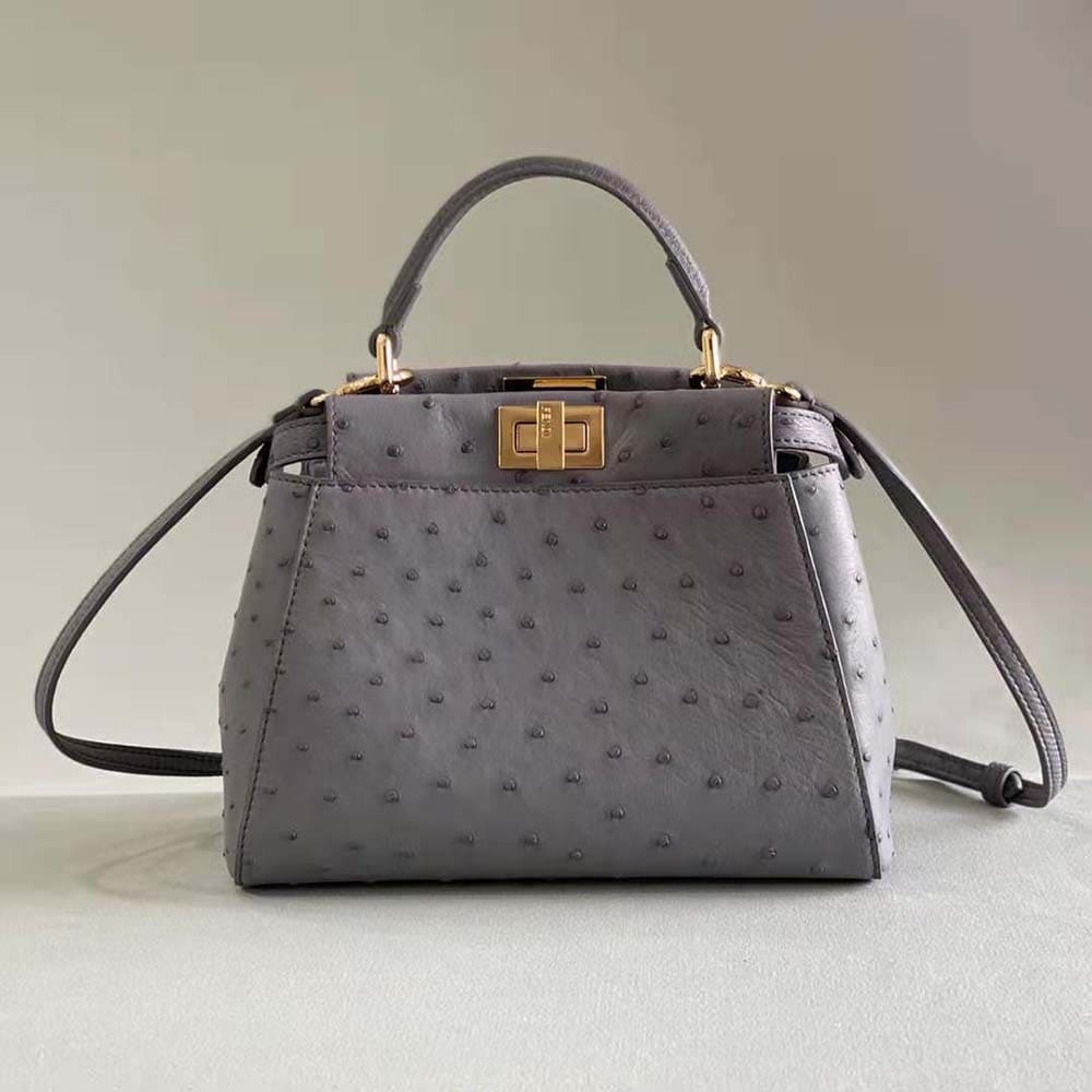 TÚI FENDI Women Peekaboo Iconic Mini Gray Ostrich Leather Bag DA ĐÀ ĐIỂU