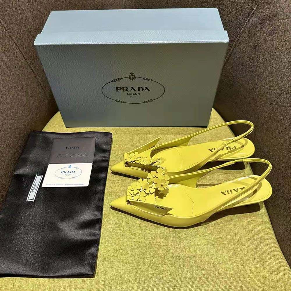 GIÀY Prada Women Brushed Leather Slingback Pumps with Floral Appliques-Yellow
