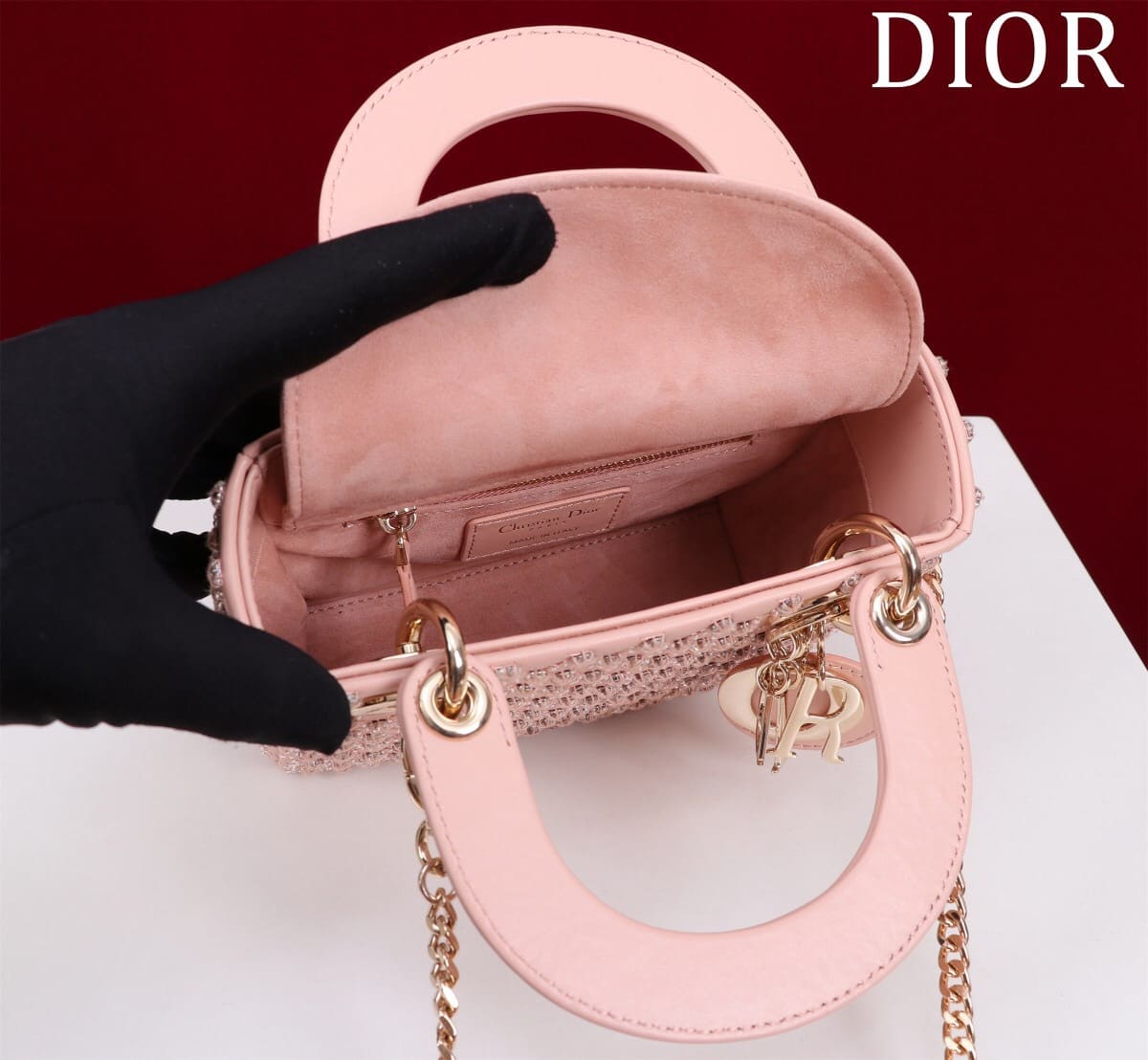 TÚI CHRISTIAN DIOR LADY DIOR Cannage Calfskin with Platinum Beaded Embroidery Pink